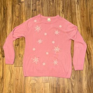 Blair women’s large Sweater crew Pink Snowflake embroider sequin winter holiday